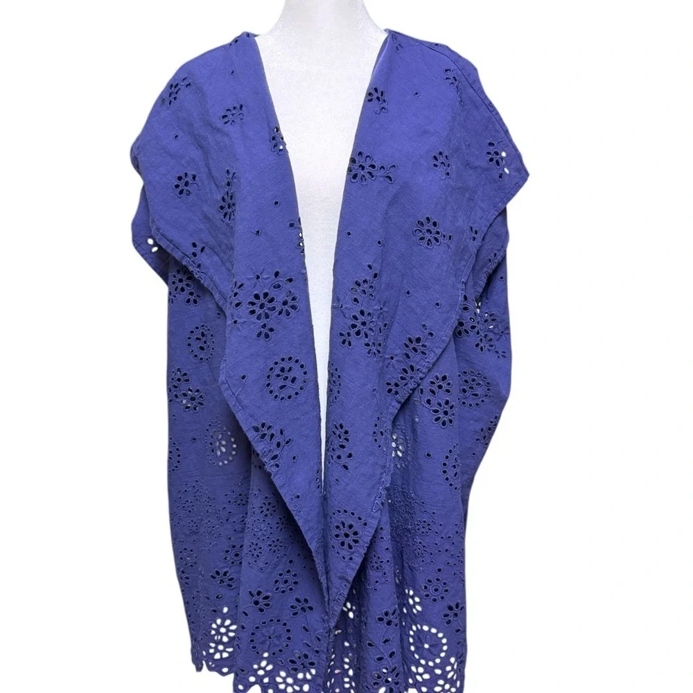 J.Crew Eyelet Embroidered Kimono Cardigan S/M – Indigo Blue Floral Cutwork